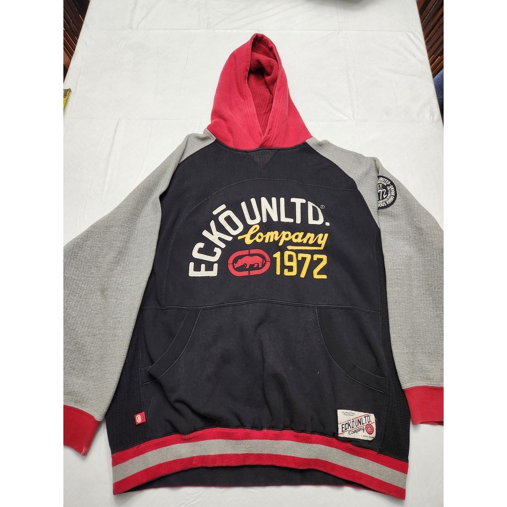 Ecko‎ Unltd Hoodie Mens XL Black Gray Red 1972 Patch Pullover Hip Hop Streetwear
